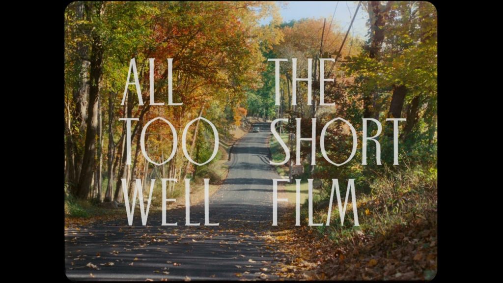 A picture of a quiet road going through a sunny forest - with the Words 'All Too Well, the short Film'