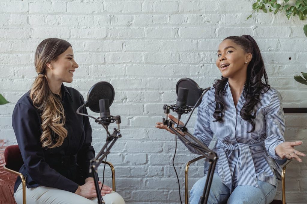 Two women discussing film