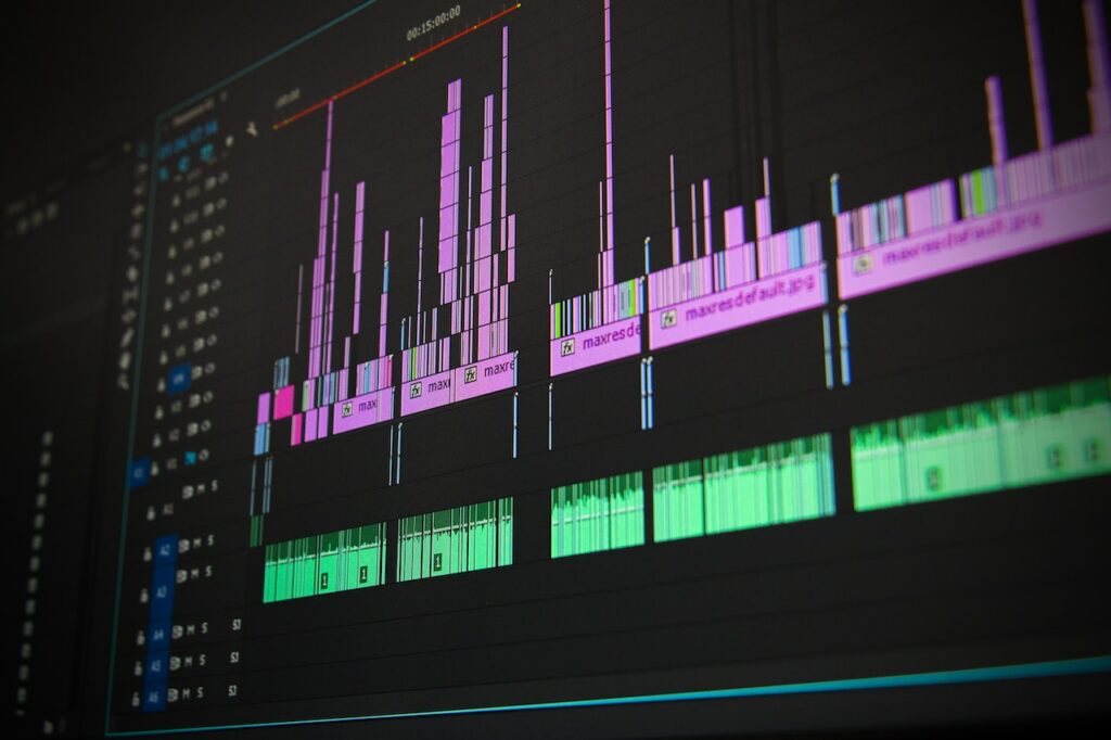 An audio mixing program displaying timeline with tracks full of audio files.