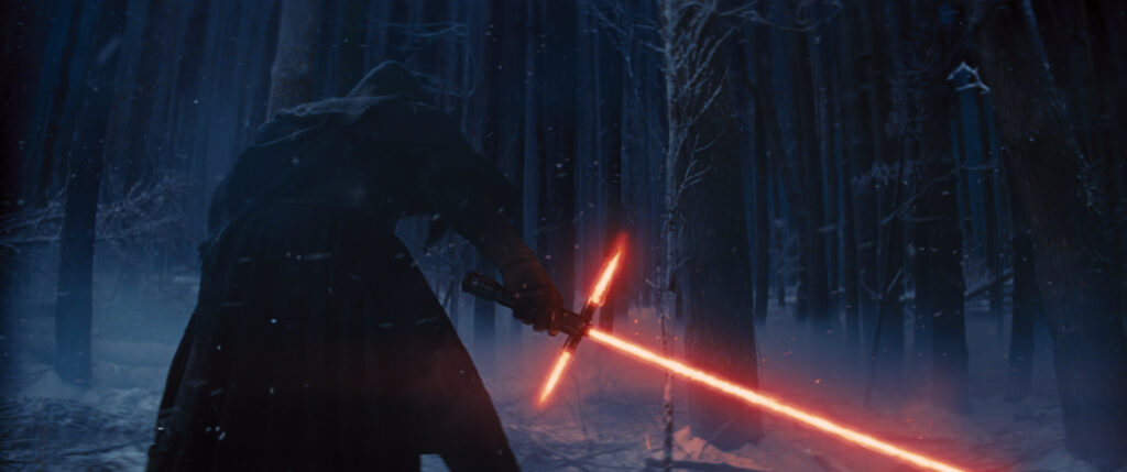 Kylo Ren in a snowy forest scene from The Force Awakens.
