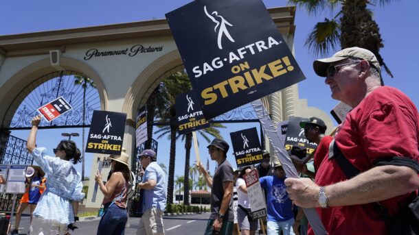 SAG-AFTRA union members on strike outside of film industry giant Paramount Pictures.