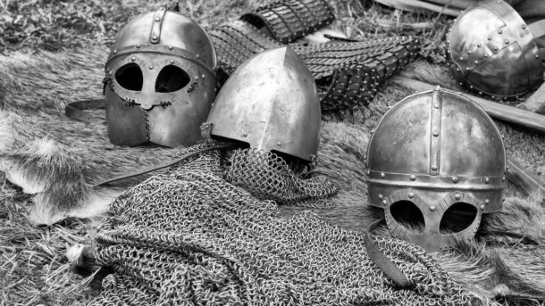 A pile of old armour laying on the ground.