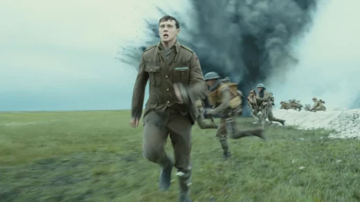 A scene from "1917" of soldiers running.