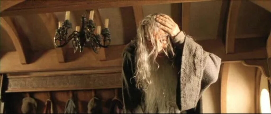 Gandalf bumping his head, a famous mistake in movies.