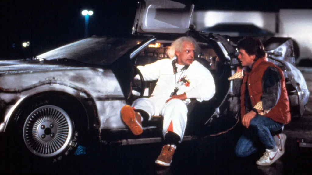 Marty and Doc and the DeLorean from the time travel movie "Back to the Future".