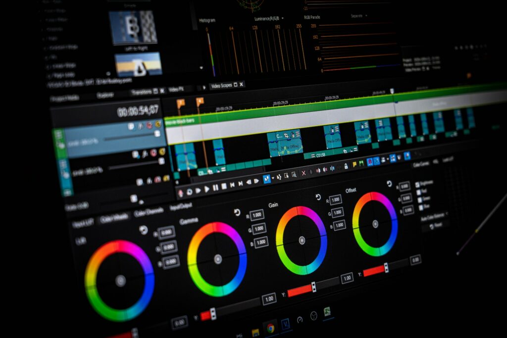 The timeline and color correction of an editing software.