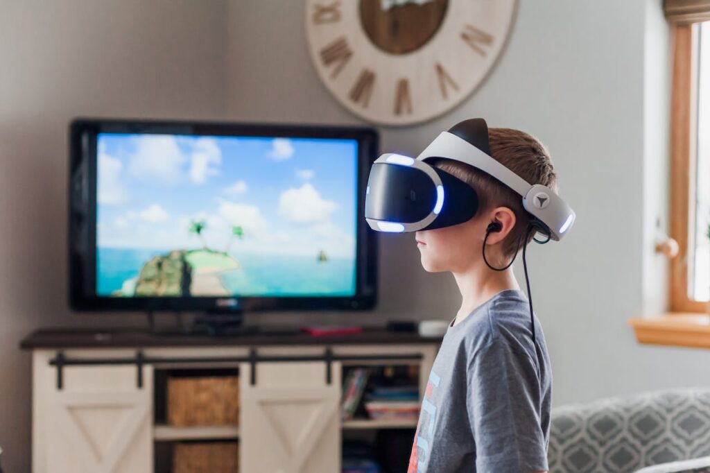 A kid using VR in his family's living room.