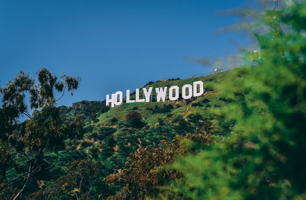 The Hollywood sign perched atop the Hollywood hills.