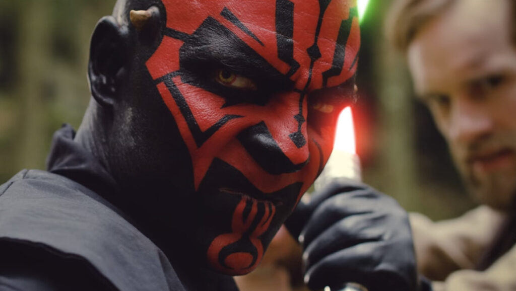 Darth Maul from the fan film "Darth Maul: Apprentice" staring towards the camera.