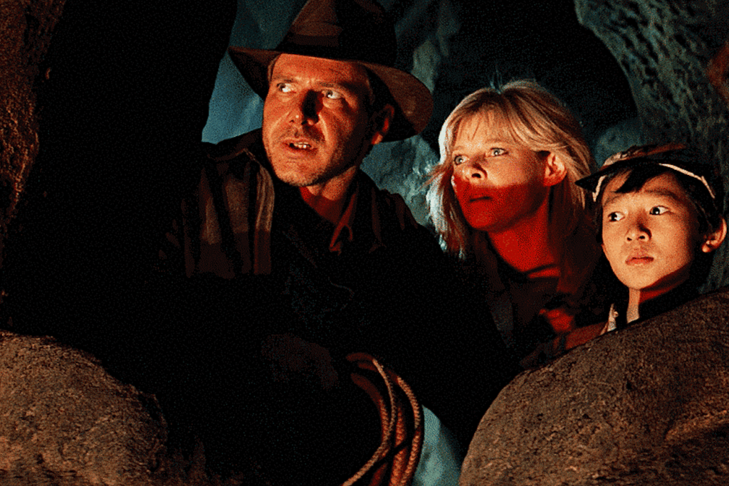 Indiana Jones and his cohorts hiding in the Temple of Doom.