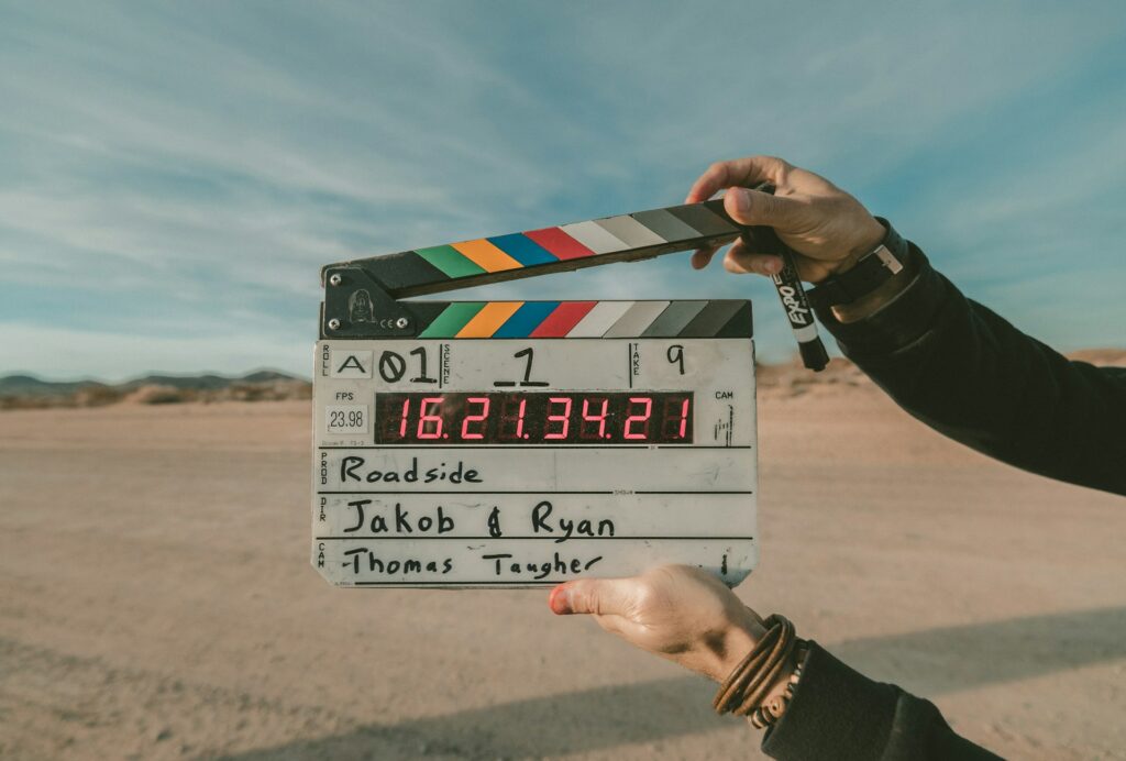 A clapperboard being used for filmmaking.